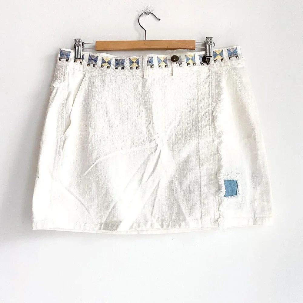 Desigual White Denim Lace Detail Embroidered Minis Skirt XXL